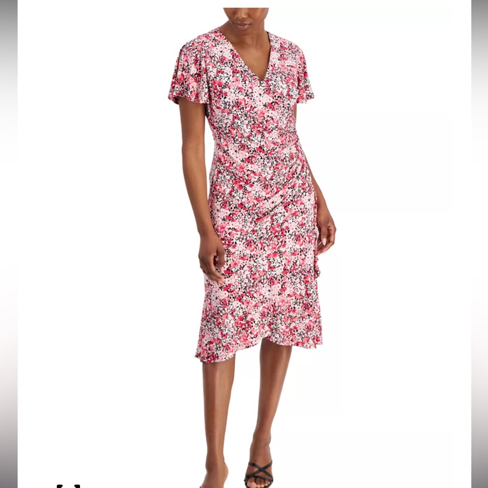 NWT AK Anne Klein Petite Floral Ruched Faux Wrap Dress Spring Wedding Guest- MP